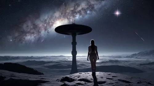 O corpo nu da mulher é iluminado por um feixe de luz brilhante, enquanto ela está na lua, olhando para as estrelas e planetas. Um quadro largo capta toda a cena, incluindo um feixe de holofotes stong iluminando seu corpo