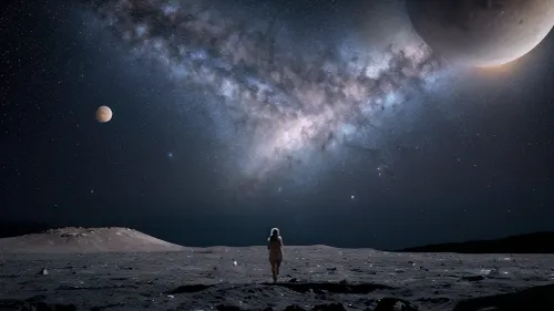 A deslumbrante garota nua andando na lua em uma imagem é uma visão deslumbrante, com milhões de estrelas e planetas visíveis no quadro