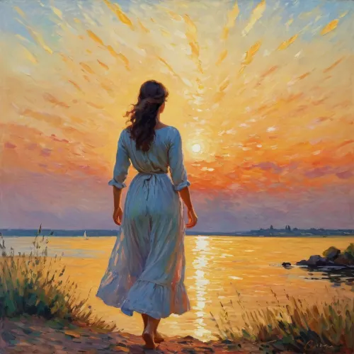 La pintura impresionista representa a una mujer disfrutando del atardecer, con pinceladas anchas y trazos gruesos