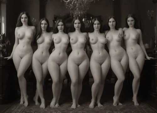 Les cinq filles sur la photo étaient debout de suite, regardant de façon séduisante le spectateur. Ils avaient des visages parfaits avec des nez pointus, des yeux retournés et de larges bouches ouvertes. Leurs seins étaient parfaitement façonnés et leur volumineux
