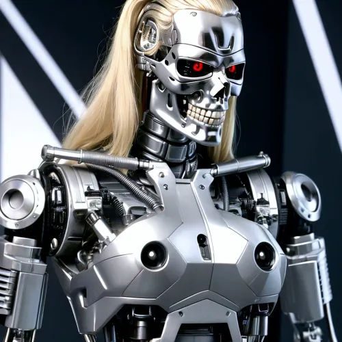 sexy blonde robot, huge tits, beautiful face, T800Endoskeleton, robot, with, a, metal, skull, face, chrome, body, holding, gun, futuristic, shooting, lasers, <lora:T800Endoskeleton-10:.5>