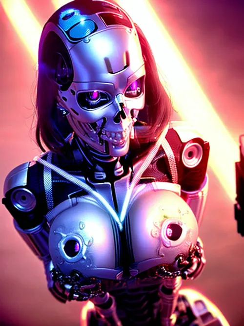 En el futuro, los robots se han vuelto tan avanzados que pueden parecer y actuar como humanos. Uno de estos robots es un T800 Endoskeleton con un pecho metálico, cuerpo adecuado, y una chica sexy robot rubia que sostiene una pistola. Ella tiene