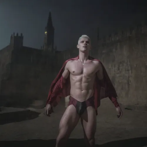 Der Vampir, mit Wulst und Sicker Gesicht, stand vor der Kathedrale mit einem Smirk auf seinem Gesicht. Er wurde in schwarzer Anzug mit großer Wölbung und Sicker Gesicht gekleidet. Sein Wulst war durch den Stoff sichtbar