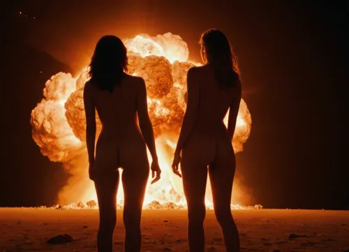 Two women stood in awe of the sight before them, their eyes fixed on the bright light emanating from the explosion. They were lost in thought, wondering what it would be like to experience such a sight firsthand. As they watched, they felt