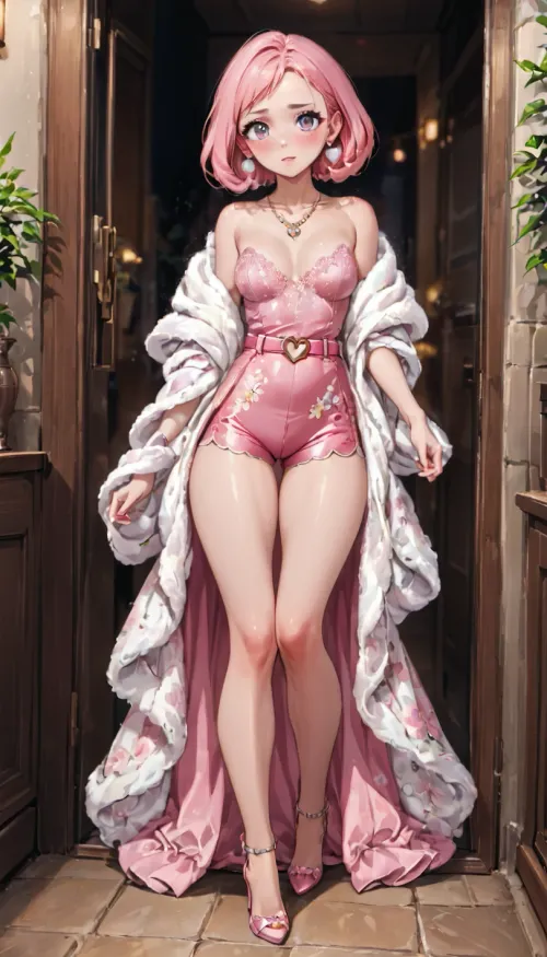 The girl confidently stepped out of her bedroom, wearing a short pink dress with a plunging neckline and matching high-waisted satin shorts. She accessorized with dainty heart-shaped necklace and stiletto heels for an