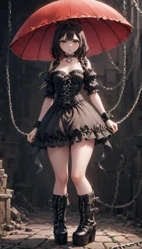 The girl wore a black corset-style top with lace-up details and puffed sleeves, accessorized with chunky black platform boots, a choker with dangling chains, wrist cuffs connected by thin chains, and a lace paras