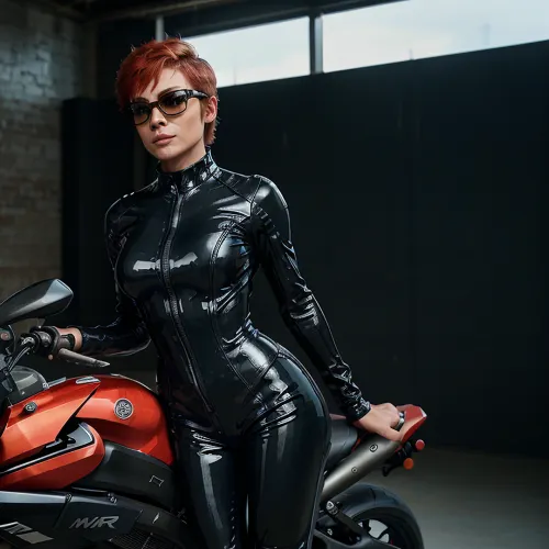 slim, athletic, (fitness model:1.2), 45 years old, red-haired, pixie haircut, sunglasses, standing next to a sports motorcycle, wearing a jumpsuit for riding a motorcycle, (Latex tight jumpsuit:1.2), (Yamaha YZF-R6:1.2)
