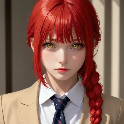 makimacm44, ringed, yellow, eyes, red, long, hair, bangs, white, shirt, sidelocks, black, pants, braided, ponytail, necktie, <lora:makimacm44:1>, <lora:284451_training_data:.5>