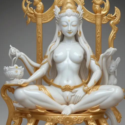 一个细微的现实主义雕像 一个美丽的年轻成人的bodhisattva, 坐在一个金色的椅子上,她的腿张开, 展示她的完美阴部。 她有长长的直发和微笑, 雕像解剖是正确的