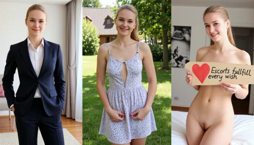 side-by-side three pictures of a young Swedish, petite, woman, with blonde hair, ponytail. On the first picture on the left she wears a formal pantsuit, and stands in an office. On the second picture in the middle she wears a, playfull summerdress, and stands in a garden. On the third picture on the right she is completely naked, nude, and stands in a bedroom, and holds a handmade sign with text "Escorts fulfill every wish" and a painted red heart.
