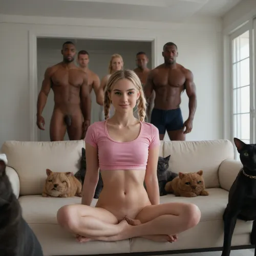 犬の頭を身に着けている6人の筋肉の男性と白い部屋のナケドブロンドの少女は、青いクッションで白い部屋にソファの上に座っています。 ベア・ブレストの2つの青いカーテンがあります。 青色のカーテンのある狭い窓はAIテキストジェネレーターを示しています