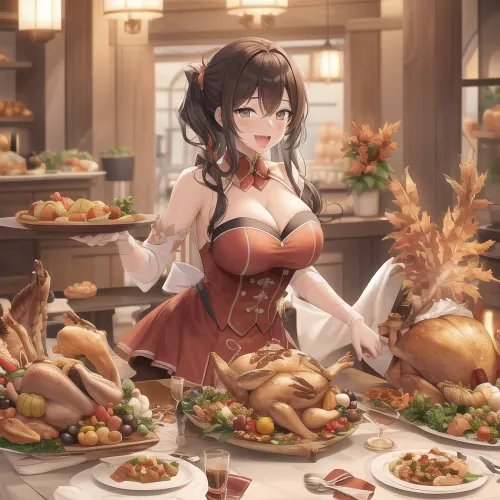 Woman fucking a turkey, Thanksgiving, dinner table, family cheering her on.