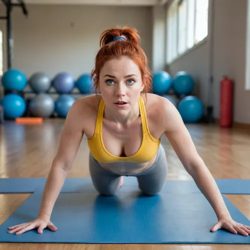 One woman, on all fours, knees on the ground, on her elbows, looks at the ceiling, cleavage visible, medium sized boobs, yellow sports bra, grey yoga-pants, ass up, front view, beautiful, cute, in 20s, white, European, red hair, light blue eyes, mouth open, eyes closed, gym, blue yoga mat, warm light, realistic, photography, photorealistic