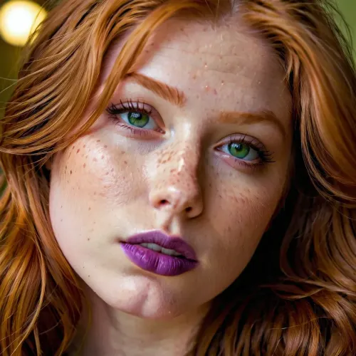 Gadget Hackwrench, Young, Girl, chubby, cute, big clitoris, skin spots, acnes, skin blemishes, long neck, nearsighted, Green eyes, messy ginger hair, purple lipstick