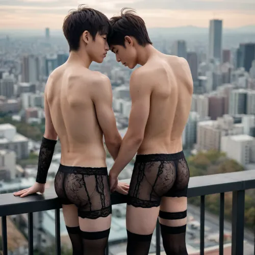 The twinks stood side by side, their bodies perfectly aligned as they gazed out over the cityscape. One of them was wearing a short black miniskirt and a lace thigh high sock, while the other had on a matching outfit. They