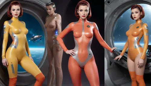 [Flat 2D Art], Old pulp scifi poster, side-by-side pictures of 18 year old sexy girls, sexy pose, (((asymmetrical, asymmetric, clothes:1.2))), (slim body, small perky tits, flat, chested, flat chested:1.2), deep perspective, clothes design variations, multiple views, (In the 25th century, Futuristic outfit, Futuristic clothes, futuristic sexy cyborg outfit, retro futuristic colors, sci-fi fashion, revealing clothes, wardrobe malfunction, exposing clothes, retrofuturism:1.2), (spacesuit, flightsuit, swimsuit, bodysuit, leotard, seethru, transparent, cutout, cutoffs, seamless, skintight, lowrise, lowleg, cutout clothing, crotch cutout, breast cutout, scifi space uniform, leggins, scifi, jewelry, uniform, exposed, tight uniform, lewd, sexy, rank insignia, space uniform, spaceship crew, Starfleet uniform), best quality, masterpiece, highly detailed, 8k uhd, perfect anatomy, detailed face, pubic insignia tattoo, areolae insignia tattoo, uniform tattoo, <lora:EnvyPulpScifiXL:.5>, <lora:EnvyAtompunkXL01:.4>
