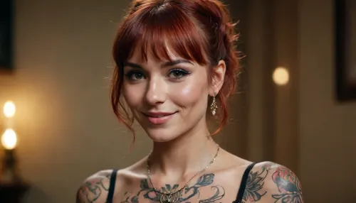 a beautiful gypsy, tattooed all over, reddish hair, slim, tight features, bangs, looks at us kindly, she smiles