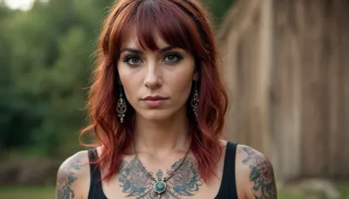 a beautiful gypsy woman, tattooed all over, reddish hair, slim, tight features, bangs, looks at us benevolently