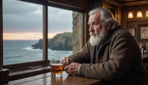 an old Breton man in a bar drinks his whiskey and looks out over the rough sea
