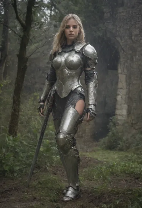 Amidst the ruins: the enchanting armored vixen wields sword under overcast rainy skies