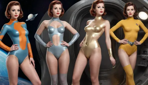 ((style of old pulp scifi poster, Flat 2D Art:1)), side-by-side pictures of 18 year old sexy girls, sexy pose, (((asymmetrical, asymmetric, clothes:1.2))), (slim body, small perky tits, little natural tits, flat, chested, flat chested:1.2), deep perspective, clothes design variations, multiple views, In the 25th century, Futuristic outfit, Futuristic clothes, futuristic sexy cyborg outfit, retro futuristic colors, sci-fi fashion, retrofuturism, spacesuit, flightsuit, swimsuit, bodysuit, leotard, seethru, transparent, cutout, cutoffs, seamless, skintight, lowrise, lowleg, crotch cutout, breast cutout, scifi space uniform, leggins, scifi, jewelry, uniform, exposed, tight uniform, lewd, sexy, rank insignia, space uniform, spaceship crew, Starfleet uniform, (revealing clothes, wardrobe malfunction, exposing clothes, cutout clothing:1.2), best quality, masterpiece, highly detailed, 8k uhd, perfect anatomy, detailed face, pubic insignia tattoo, areolae insignia tattoo, uniform tattoo, <lora:EnvyPulpScifiXL:.5>, <lora:EnvyAtompunkXL01:.4>