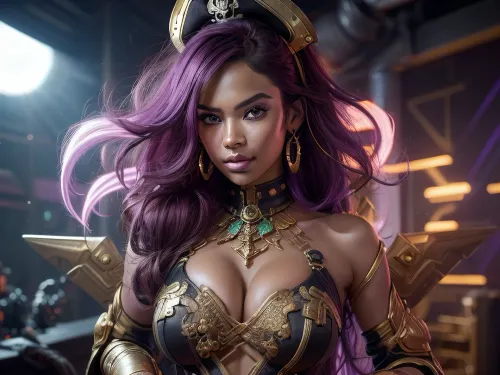 ((British)), (futuristic cyber-neon pirate sexy facial expression), ((zoom out to show hips and side profile)), (futuristic melee weapons), side view, ((zoom out wide angle view to show enormous piles of treasure wealth and gold)), (beautiful intense face), tight blouse, purple, sultry, slutty, (we are in space overlooking a purple planet), (main lighting is the rising sun through the windows), rum, coconut, riches, gold, money, wealth, treasure, water pipe smoke, (color saturation:1.3), hyper detailed hyper realistic, brightest image, crystal clear focus, (ultra-detailed, CG, unity, 8k wallpaper), (masterpiece), (realistic), (photorealistic:1.2), (raw photo:1.2), (best quality:1.2), (detailed face:1.4), (beautiful detailed eyes:1.2), leading lines, great composition, best quality, ultra high res, <lora:Space-10:.5>, <lora:zoom_slider_v1:2>
