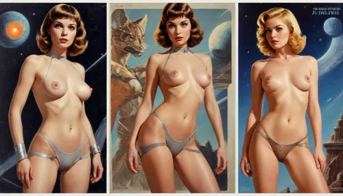 (style of old pulp scifi poster, Flat 2D Art, retrofuturism:1.2), (side-by-side pictures:1), side-by-side pictures of 18 year old sexy space princess, wearing sexy futuristic asymmetric space uniform provocative lewd scifi revealing cutout clothes intricate intimate avant-garde suit uniform, (slim body, very small perky tits, very hairy pussy:1.2), (), partially nude, <lora:add-detail-xl:.5>, 1880_dr3ss, 1890_dr3ss, 1900_dr3ss, 1905_dr3ss, 1910_dr3ss, Fortuny, <lora:Belle_Epoque_Dresses_1880-1914_XL:.5>