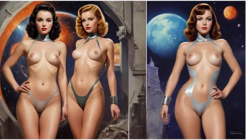 (style of old pulp scifi poster, Flat 2D Art, retrofuturism:1.2), (side-by-side pictures:1), side-by-side pictures of 18 year old sexy space princess, wearing sexy futuristic asymmetric space uniform provocative lewd scifi revealing cutout clothes intricate intimate avant-garde suit uniform, (slim body, small perky tits, hairy pussy:1.2), (), partially nude, <lora:add-detail-xl:.5>