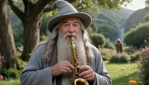 happy Gandalf the Grey wearing his hat, playing saxophone and dancing near Frodo and Sam, Gandalf1024, <lora:Gandalf1024-000155:1.6>, Hobbit, Hole, flower, tree, <lora:Hobbit_Hole_SDXL:.5>