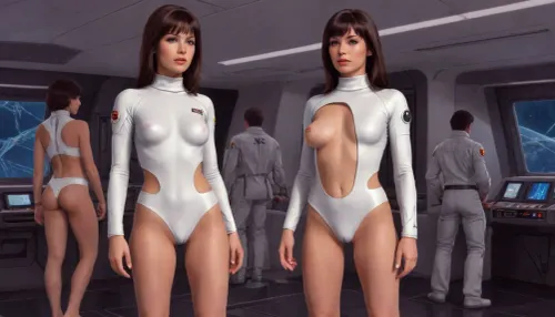 girls, wearing, zqj, clothing, exposes, breasts, pussy, exhibitionism, exposing tits, exposing pussy, in future, in 25th century, fullbody view, shorts, pants, blouse, shirt, spacesuit, jacket, (slim body, small perky tits, shaved pussy, pussy), (girls around wearing futuristic clothes), (girls only:1), concept, art, by, syd, mead, retro, futuristic, flat, colors, <lora:concept_art_syd_mead:1.3>, <lora:Exposed-BP-4:.3>
