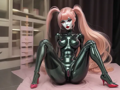 Night room. Robot doll, human anatomy. Doll head. Plastic japan girl face. Colored wide set eyes. Long eyelashes, black eyebrows, red lips, long blonde hair with ponytail. Mechanikaly neck, sholders. Silicone naked pink boobs. Long green plastic proportional legs. Show silicone pink pussy with genital slit. High metallic red heels. Mechanically arms. Sit on floor, open legs.