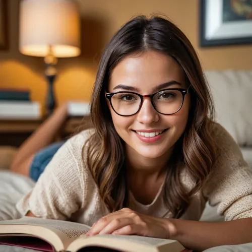 Candid 캔버스 : 탁월하고 경쟁력있는 정신의 이야기, 9-6 점수, 매우 상세한, 30 세 소녀 독서의 자연 장면에서 장난스러운 grin