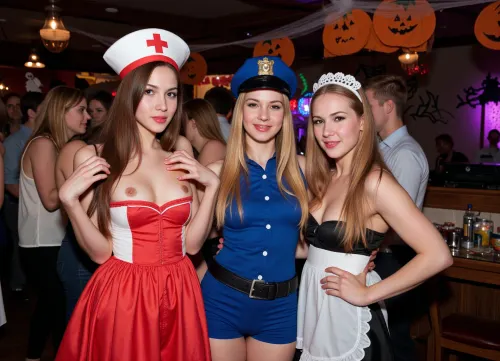 A playful group photo of three 20-year-old college freshman girls at a Halloween frat party. Each girl is dressed in sexy Halloween costumes—one as a sexy nurse in red and white, another as a sexy cop in blue, and a sexy french maid in black and white. They have heavy make up with lipstick, mascara and eyeshadow. They are dancing in a crowd, mischievous grins, drunk, sexy, teasing, seductive, spooky. The setting is a party in a big mansion, with drinks scattered around, dark room with flashing lights, and a dj at a dj booth in the background. colorful Halloween decorations—pumpkins, ghost banners, and spiderwebs—are scattered in the background. The camera captures them from a slightly tilted angle, spooky aesthetic, sensual and vibrant. The bright lighting enhances their vibrant costumes and creates a steamy, sexy atmosphere.