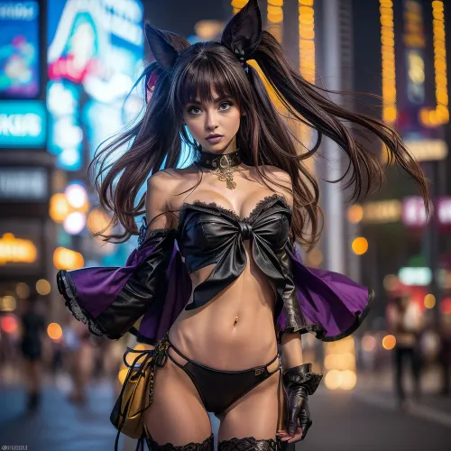 raw, 8k, (Masterpiece:1.4), (high resolution:1.4), hyper detailed hyper realistic natural petite cutie, 18 years old beautiful model, (slim), extremely gorgeous, long very shapely legs, high heels, (she is on the street, in las vegas), perfect composition of lights and shadows, warm lights, the brightest image, crystal clear focus, (super vivid colours:1.2), yueldef, hair, bell, cleavage, midriff, thighhighs, gloves, fur, trim, choker, bikini, toeless, legwear, barefoot, yuelsu, purple, eyes, ornament, flower, very, long, black, yuelwt, ribbon, white, dress, backless, outfit, yuelev, pants, bare, shoulders, detached, sleeves, <lora:weight_slider_v2:-1>, <lora:more_details:.5>, <lora:spgbfYuel-09:.5>