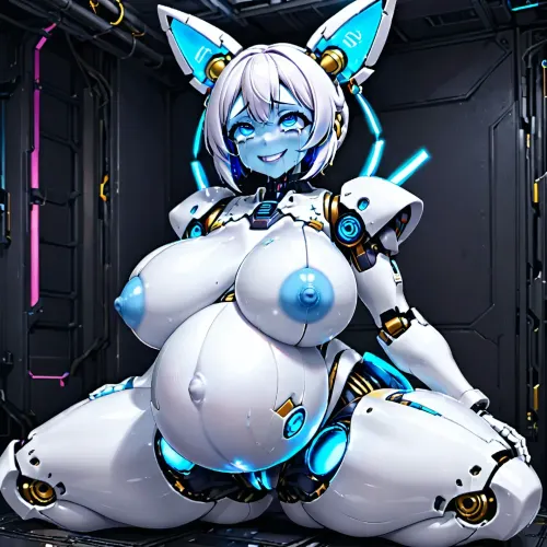 Robot girl, massive tits, horny, crying, eyes rolling back, smile, pregnant