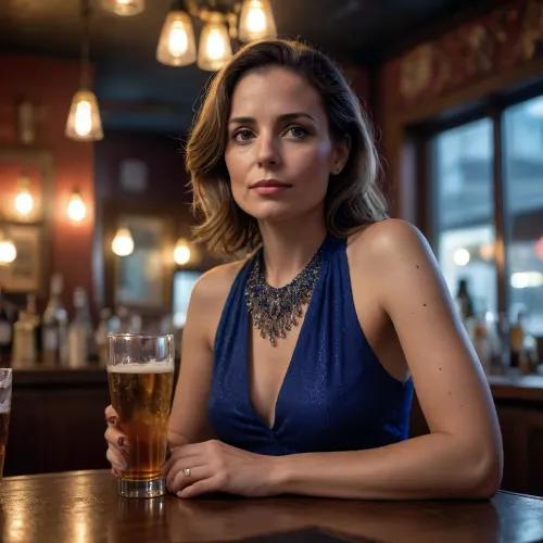 Elegant woman, 35 years old, drinking in a seedy bar, forlorn