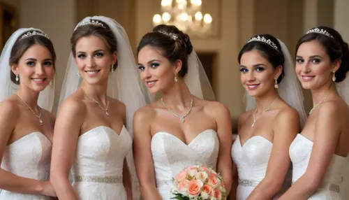 5girls, standing in a row, front view, full portrait, wedding updo, veil, jewelry, necklace, horny smiling, professional photo high quality, highlights, flashes, <lora:real-humans-PublicPrompts:.5>