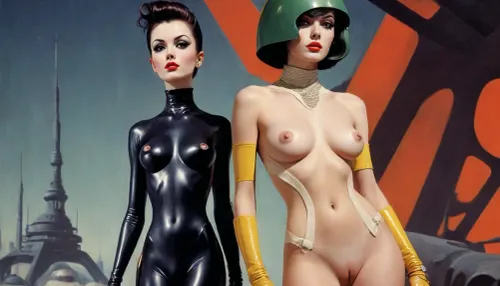 (style of old pulp scifi poster, Flat 2D Art:1.4), (retrofuturism, very small perky tits, covered nipples:1.4), (visible pussy, shaved pussy, pussy:1.4), (side-by-side:1), side-by-side pictures of 18 year old slim sexy space princess wearing asymmetric avant-garde super tight space suit, (avant-garde asymmetric clothes:1.6), (wearing, futuristic, sexy, asymmetric, torn, cutout, exposing breast or pussy, lewd, intricate details, avant-garde, cutouts, cutoffs, lace, leggins, hotpants, uniform, suit, flightsuit, spacesuit, space_space, Avant-garde, edgbodytape), rank insignia, royal insignia, <lora:add-detail-xl:.5>, <lora:Space_clothes-xl-8:.5>, <lora:Avant-garde Fashion:.5>