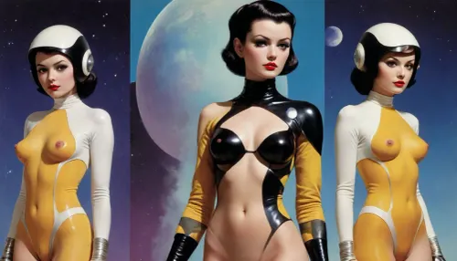 (style of old pulp scifi poster, Flat 2D Art:1.4), (retrofuturism, very small perky tits, covered nipples:1.4), (visible pussy, shaved pussy, pussy:1.4), (side-by-side:1), side-by-side pictures of 18 year old slim sexy space princess wearing asymmetric avant-garde super tight space suit, (avant-garde asymmetric clothes:1.6), (wearing, futuristic, sexy, asymmetric, torn, cutout, exposing breast or pussy, lewd, intricate details, avant-garde, cutouts, cutoffs, lace, leggins, hotpants, uniform, suit, flightsuit, spacesuit, space_space, Avant-garde, edgbodytape), rank insignia, royal insignia, <lora:add-detail-xl:.5>, <lora:Space_clothes-xl-8:.5>, <lora:Avant-garde Fashion:.5>