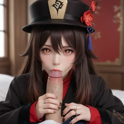(hu tao from genshin impact), long, hair, bangs, brown, (red, eyes:1.3), between, eyes, twintails, sidelocks, symbol-shaped, pupils, sleeves, hat, jewelry, flower, shorts, wide, coat, chinese, clothes, black, ring, nails, ornament, BlowjobTopofHeadPOVQuiron, pose, blowjob, penis, woman, with, a, in, her, mouth, <lora:SDXL1.0_quiron_BlowjobTopofHeadPOV_V4.1mx_lora:.5>