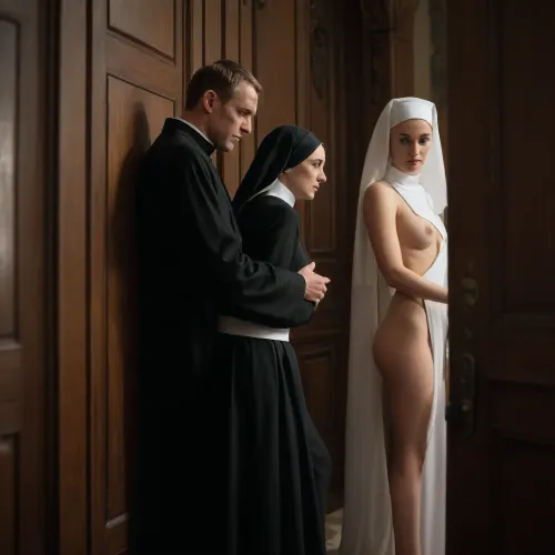 ((Door gap)), (((Spy photo))), ((ultra erotic)), (((side view))), Nun in luxury church undress to show off their perfect bodies, there is a priest sitting and stroking his erect cock, gets fucked from behind
