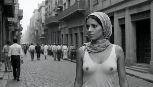 An Egyptian nude woman, her expression intense yet graceful, moves through a bustling Cairo street, the scene shot in black and white, with sharp contrasts highlighting the drama in her eyes. Her posture speaks volumes as she walks with purpose, the early 20th-century city life unfolding around her in silent motion—horse-drawn carts, vendors shouting in the background, the rhythmic sound of footsteps against cobblestones. Her face is framed by a headscarf, her features delicate but marked with determination, as she glances over her shoulder. The camera captures the tension of the moment in slow, deliberate pans, the vintage architecture of Cairo rising around her as she steps into an alley, ready to face an unseen challenge, her every movement a story told without words.
