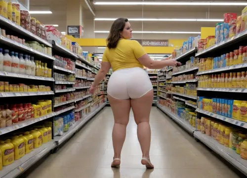 Thick bbw woman, thin waist woman thin arms, with insane massive saggy tits, massive ass, brunette medium haircut, side view in the supermarket, insane massive thick tights, thick calves, sandals, white jeans shorts, and short yellow blouse., super high quality imagen masterpiece, volumetric light, high resolution