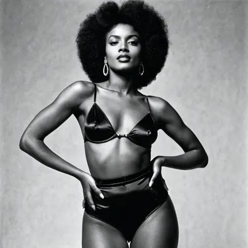 happy black Women, proudly showing her petite body, masterpiece, tiny waist, fashion magazine photography, dramatic, Helmut Newton style, black and white photo, 1977, portrait