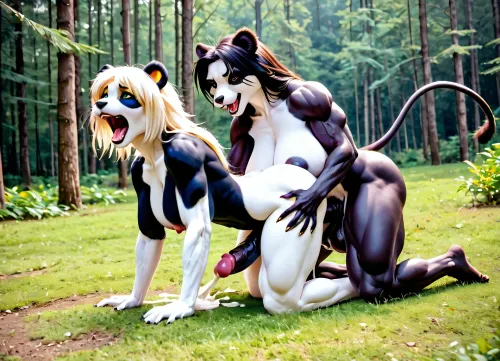 Forest, furry, 2 panda futanari, doggystyle, massive cum, massive cock, massive boobs, naked, muscular, screaming face, side view