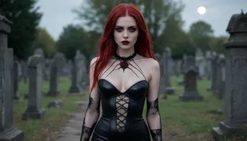 A young thin absolutely naked girl with long straight red hair, vampire bite, vampire fangs, European appearance, red eyes, deathly white skin, walks through an old abandoned cemetery, bright black lipstick on the lips, lips not closed, dark magic, Light mysterious smile, Gothic makeup, small perky breasts visible through transparent clothing, black roses, gloomy face, a giant cobweb, Bare ore, dusk, night, full moon, bat, black tight-fitting leather clothes, long nails, very high-heeled shoes, stripes, fishnet stockings. Super realistic, white skin, blush, very detailed face, perfect lighting, clear image, ultra-detailed images, bright red eyes, highest quality