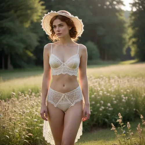 On a mown crochet lawn, in the musty early morning light of a summer's day, an Edwardian lady stands in her silk and lace lingerie