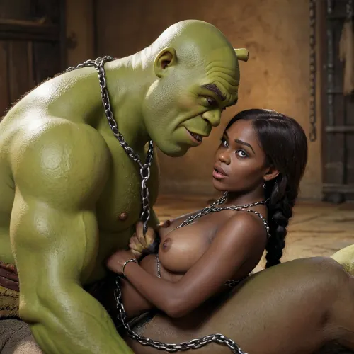 Hung Male Shrek having sex with a very dark black slave girl in doggy with his big green dick while she’s chained down and crying, porn