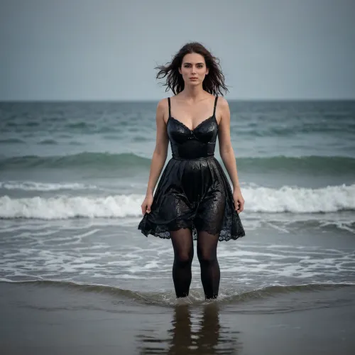 Wearing a dress with black bra, black tights, pumps, in the sea, wet