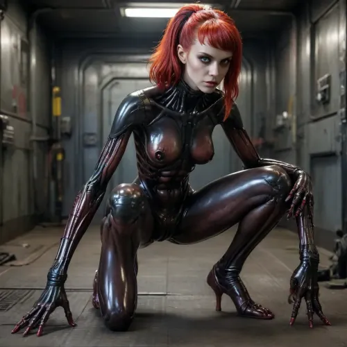 Xenomorph alien Girl, (human face, alien arms end leggs, tits and pussy naked, covered in oil, full Body visible), Doggystyle fucking Cyberpunk Android girl, cyberpunk Android girl, HAIR, (Red hair, Undercut), OUTFIT, (Cyborg mech suit, DARK Eyeliner, Long eyelashes), POSE, (squatting, feet together and knees apart), Xenomorph, <lora:Xenomorph v2:.8>, <lora:CyborgMechExosuit_v1.5:.3>